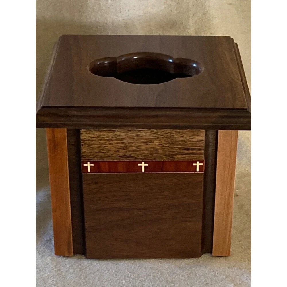 Solid Dark Wood Tissue Box with Cross Inlay
